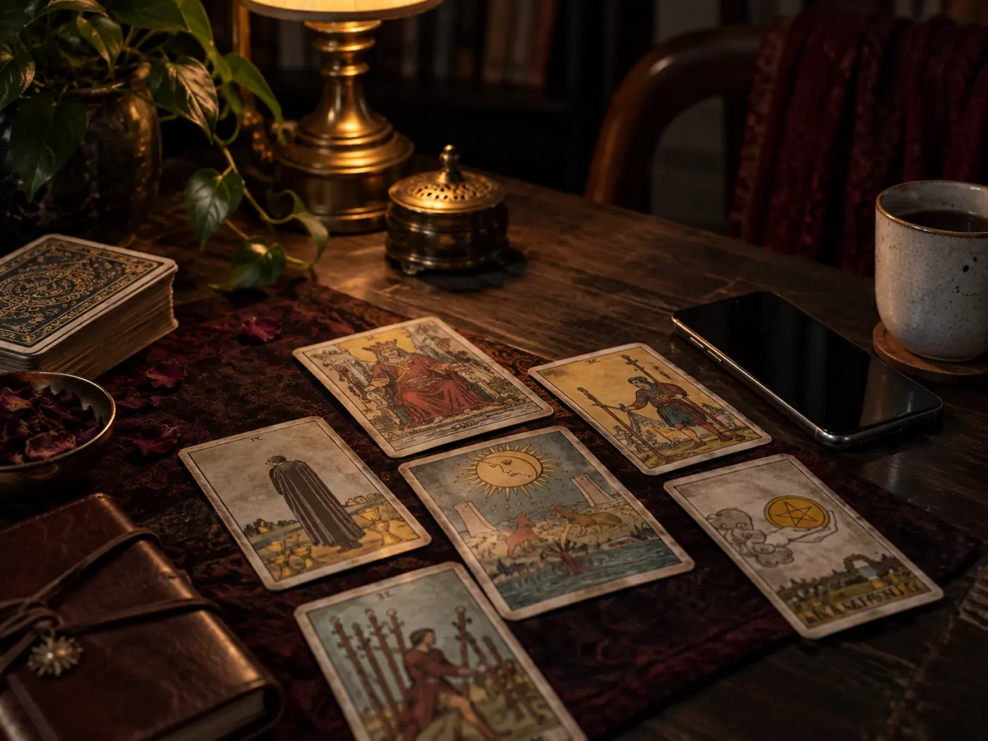 Lectura de cartas: mazo físico extendido sobre una mesa oscura bajo luz cálida