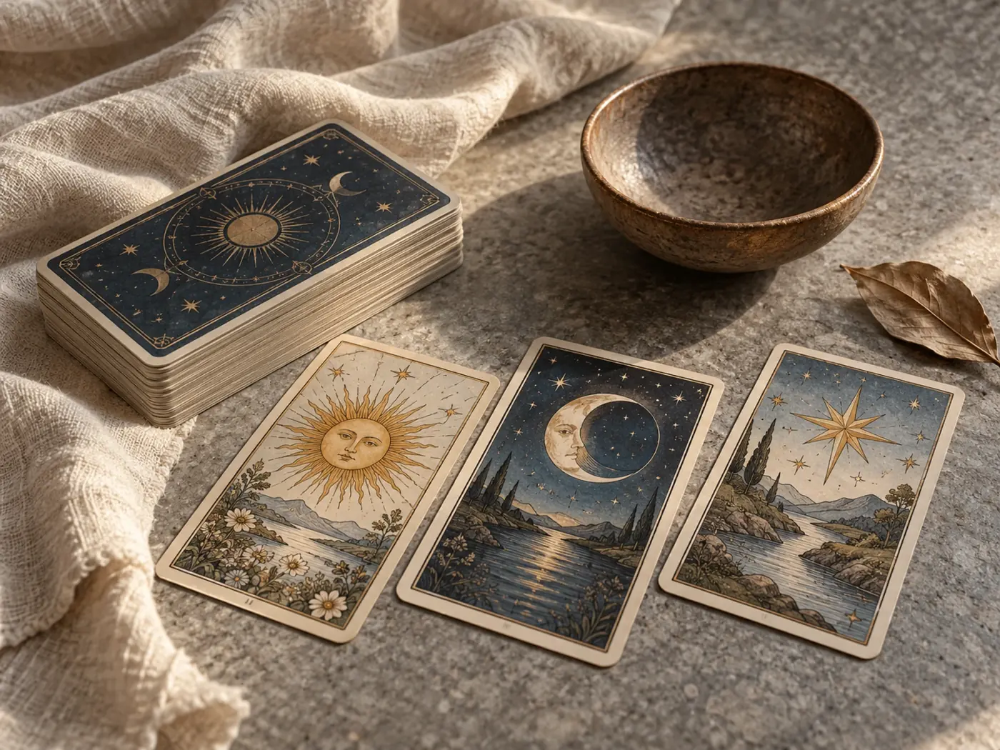 Tarot en Baja California: cartas sobre piedra clara con sombra marcada de luz seca