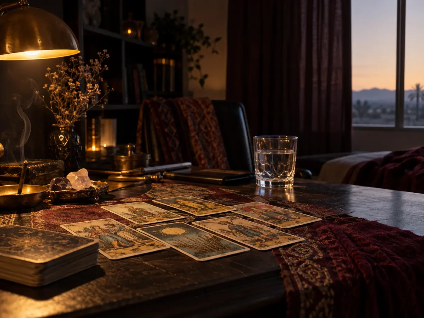 Tarot en Chihuahua: cartas sobre madera oscura con dos fuentes de luz distintas