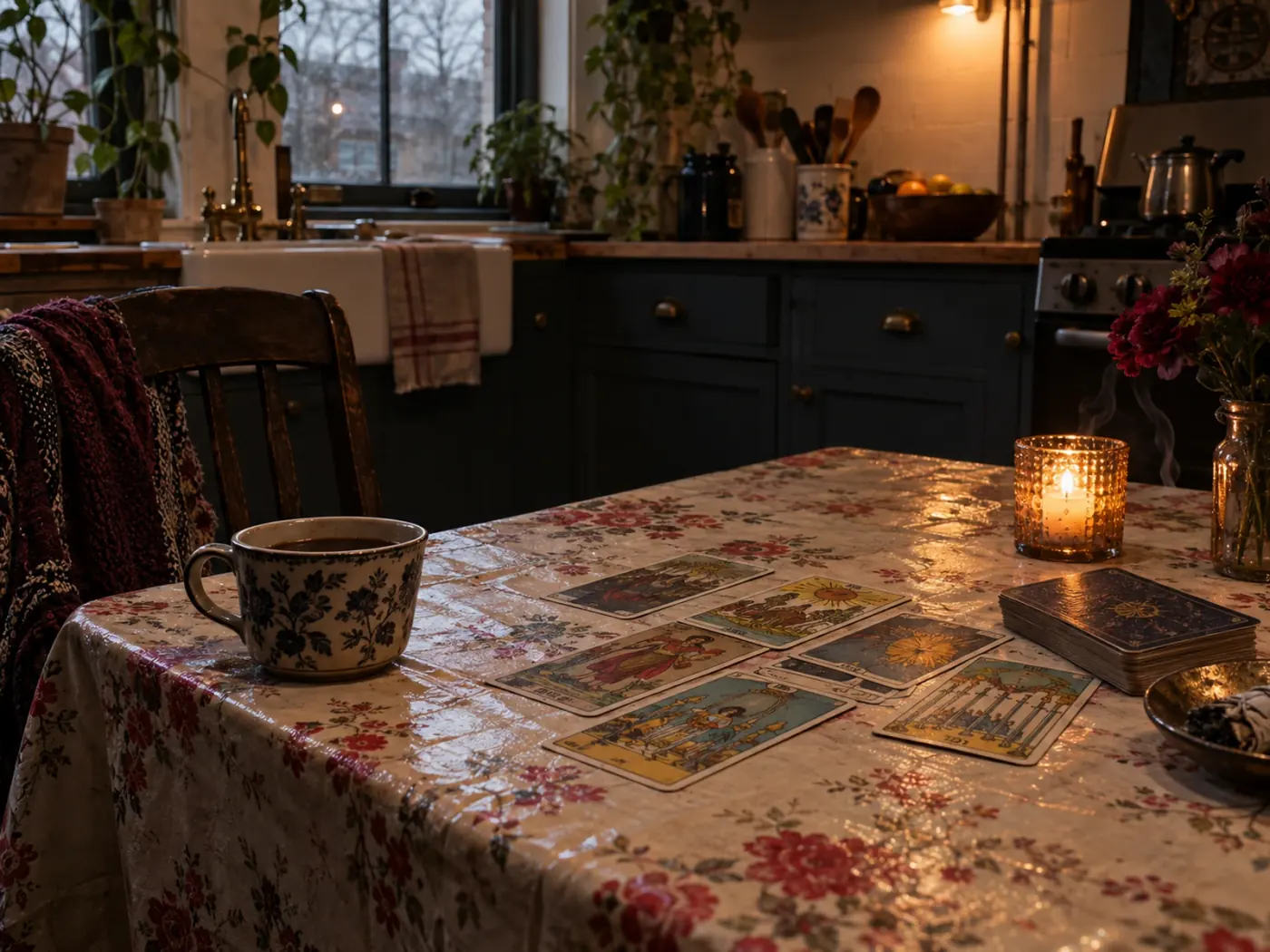 Tarot en Coahuila: cartas junto a una taza y una chamarra doblada al final del turno